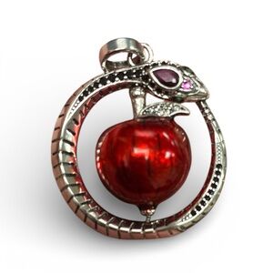 Sterling Silver Snake Suspended Red Apple Necklace Pendant